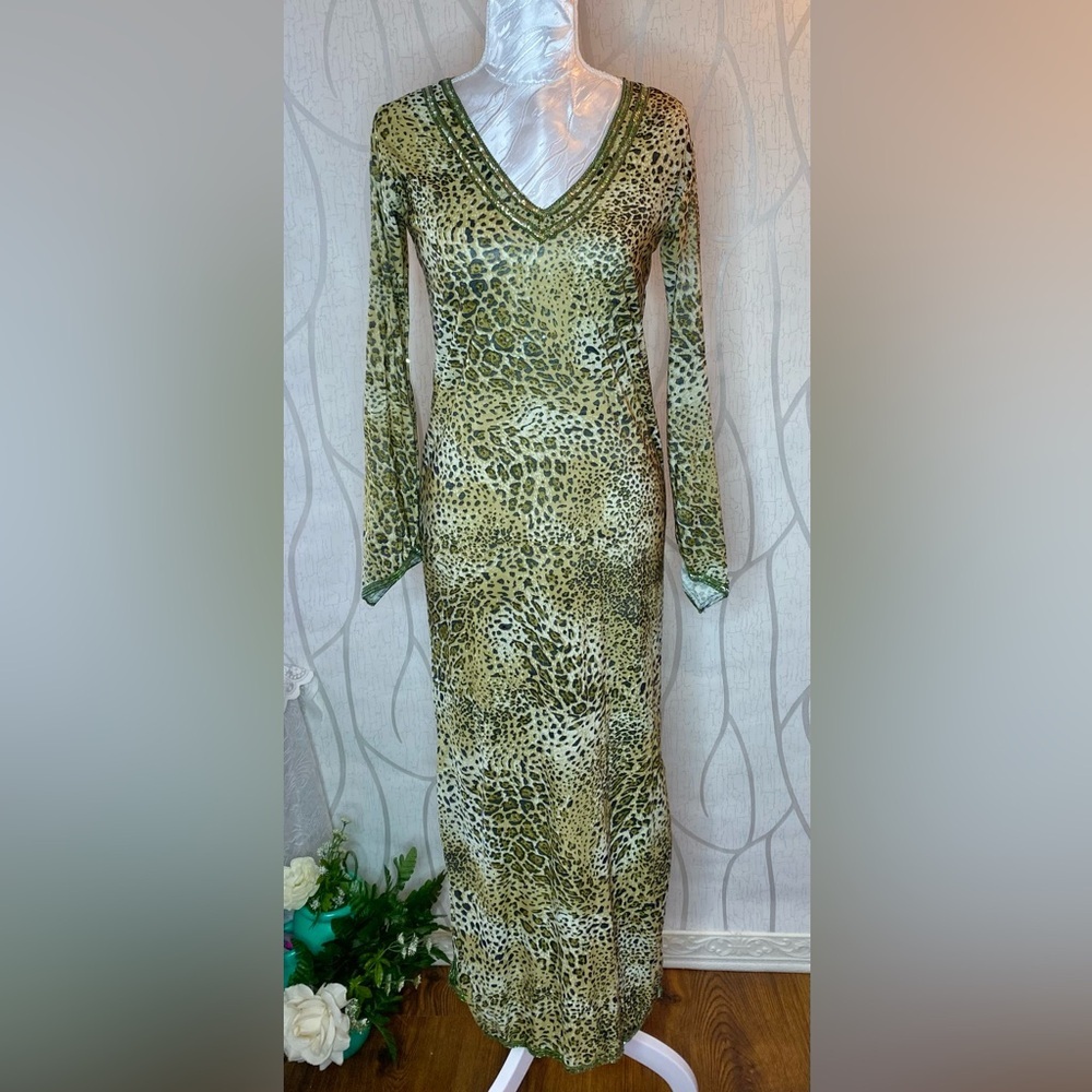 🎀Handmade🎀 Green & Cream Beige Leopard Sequin Trim VNeck Flare Sleeve Maxi Dress